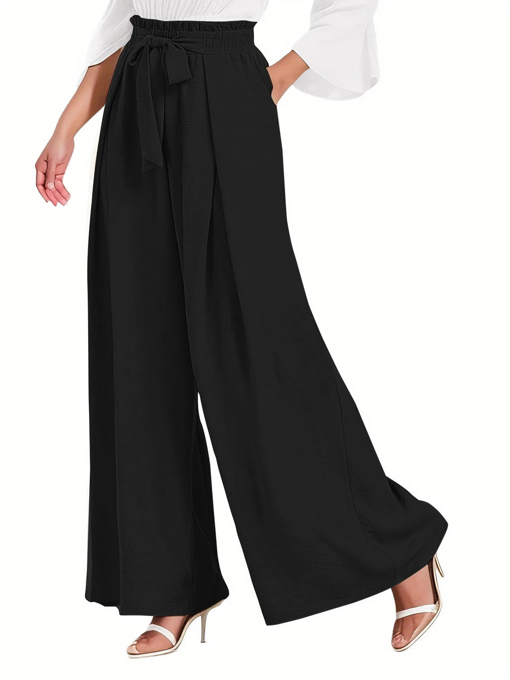 Pantalones De Descanso De Pierna Ancha Para Mujer Con Bolsillos, Cintura Alta, Lazo Ajustable, Sueltos, Casuales, Pantalones De Vestir Y Trabajo