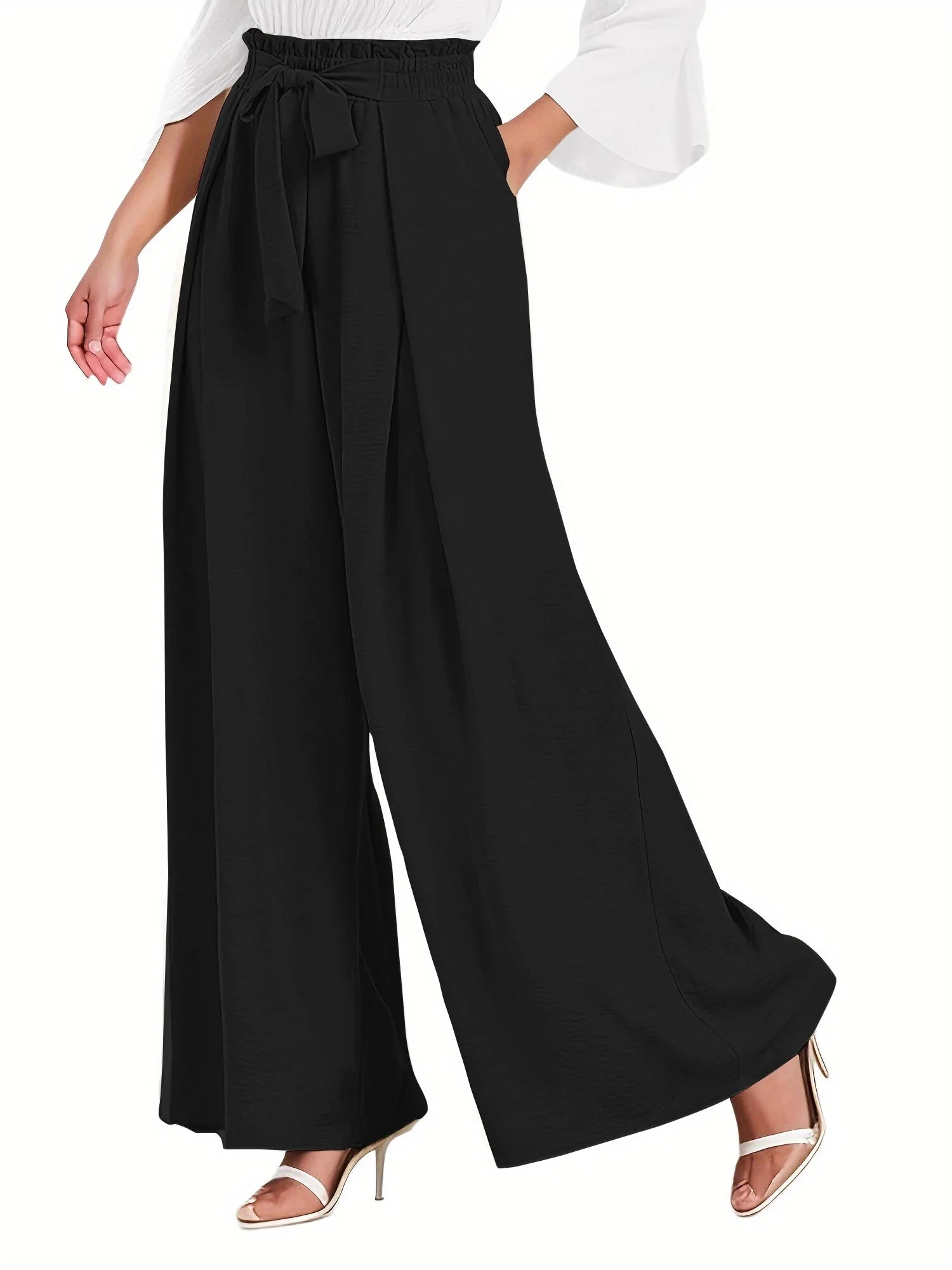 Pantalones De Descanso De Pierna Ancha Para Mujer Con Bolsillos, Cintura Alta, Lazo Ajustable, Sueltos, Casuales, Pantalones De Vestir Y Trabajo