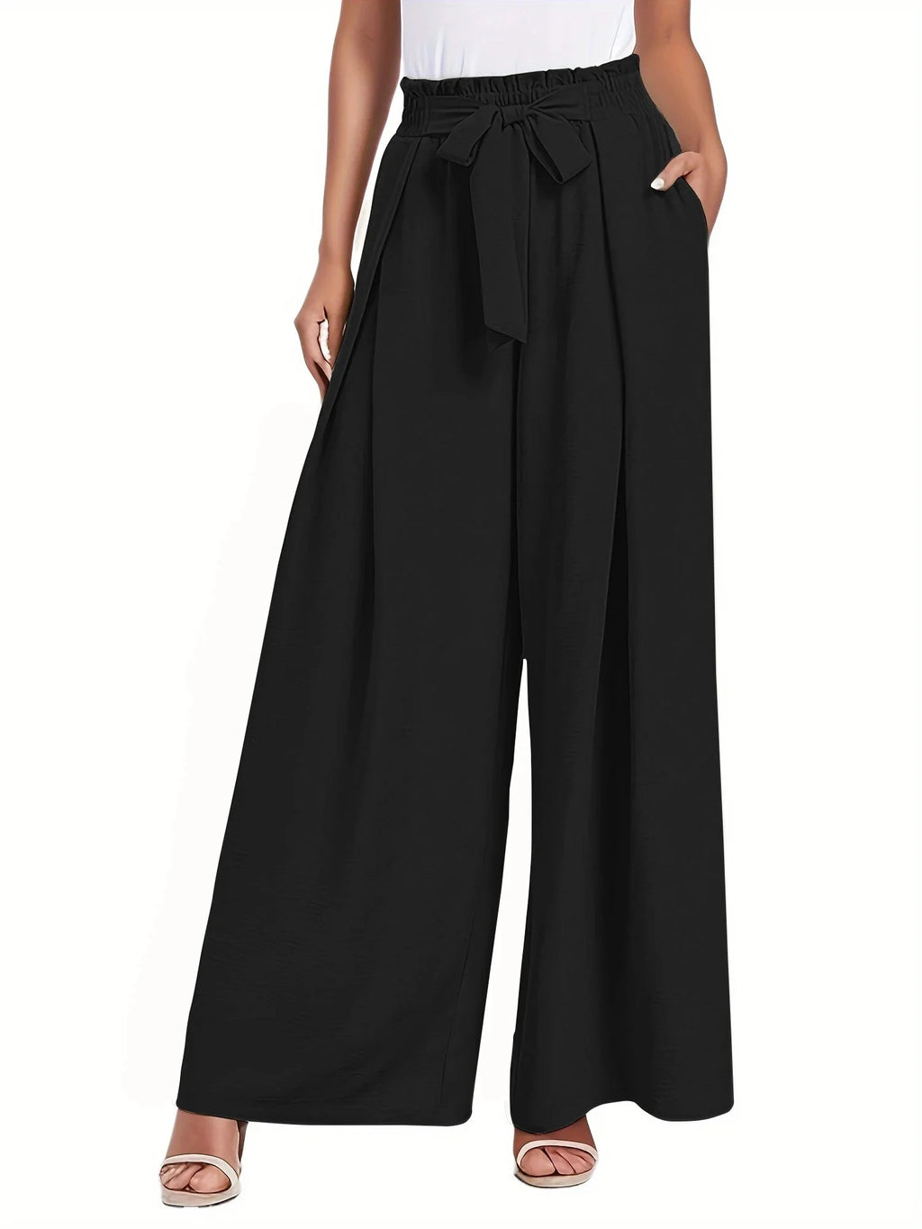 Pantalones De Descanso De Pierna Ancha Para Mujer Con Bolsillos, Cintura Alta, Lazo Ajustable, Sueltos, Casuales, Pantalones De Vestir Y Trabajo