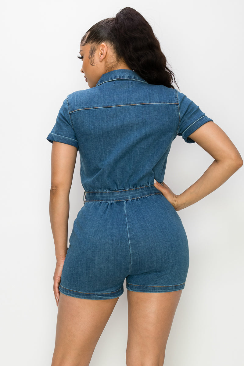 Sadie - High rise Denim Collared Romper