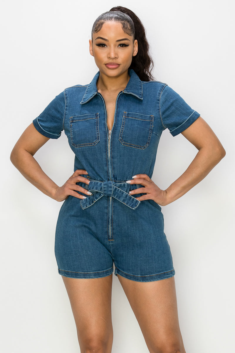 Sadie - High rise Denim Collared Romper