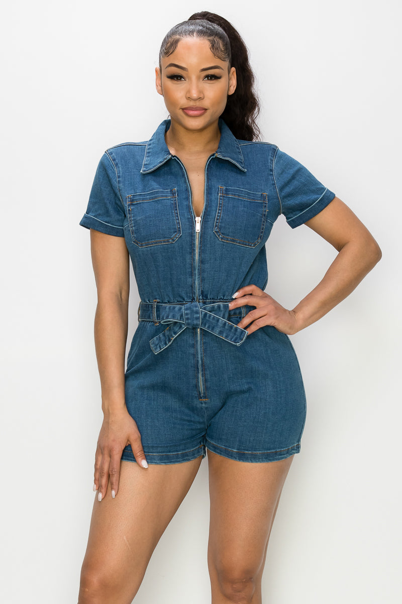 Sadie - High rise Denim Collared Romper