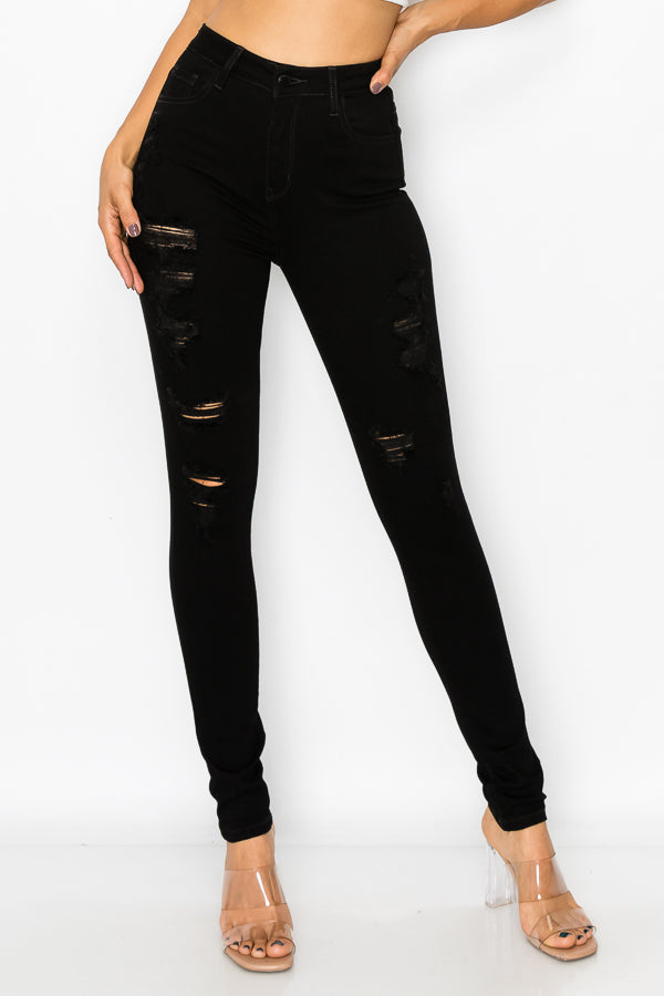 Linda - High Rise Destructed Black Skinny