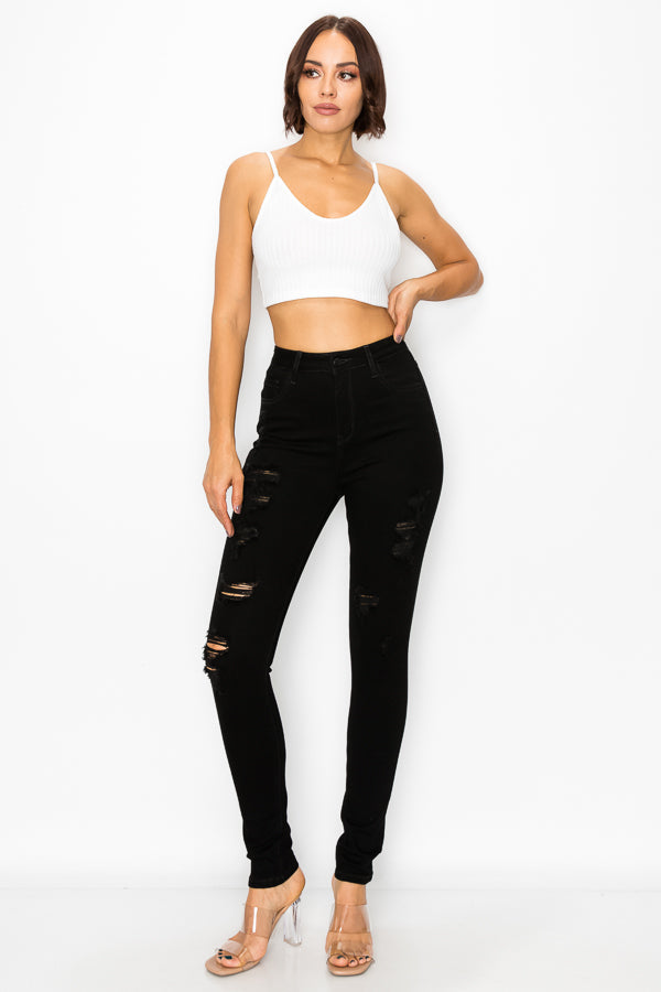 Linda - High Rise Destructed Black Skinny