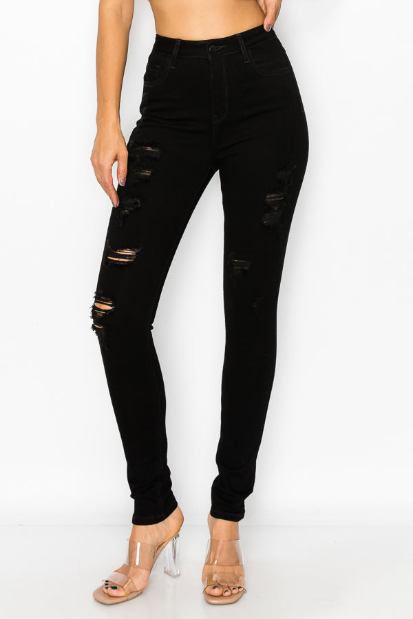 Linda - High Rise Destructed Black Skinny