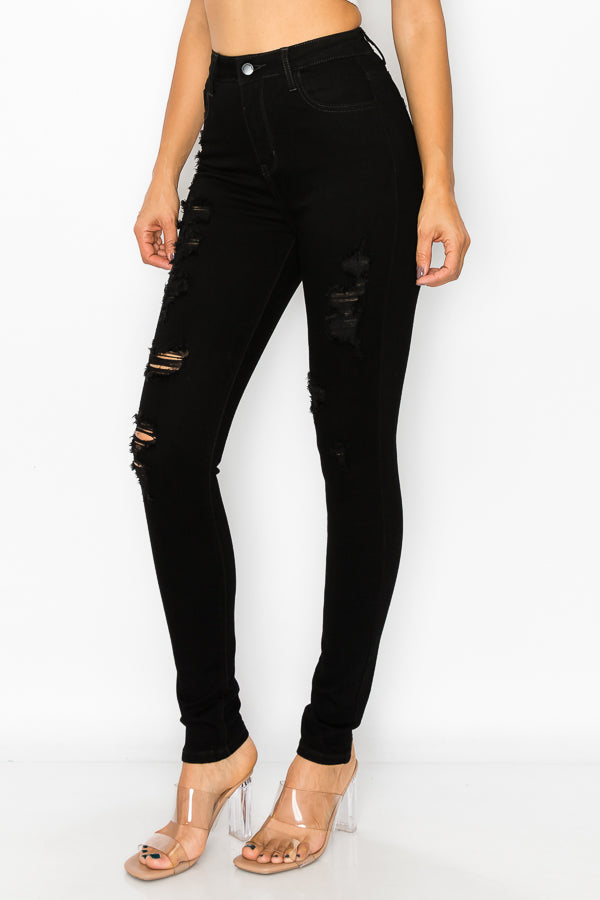 Linda - High Rise Destructed Black Skinny