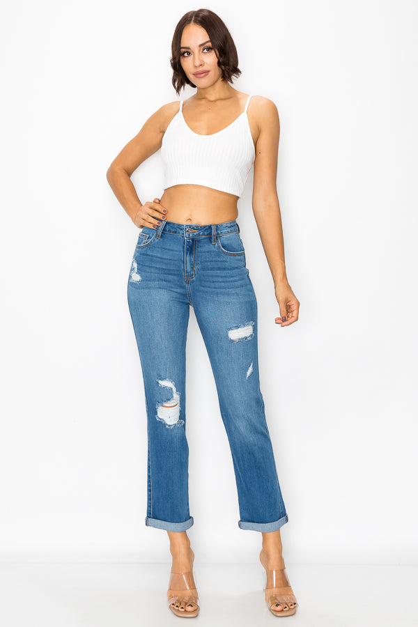 Cecilia - High Rise Destructed Rolled Cuff Straight Leg