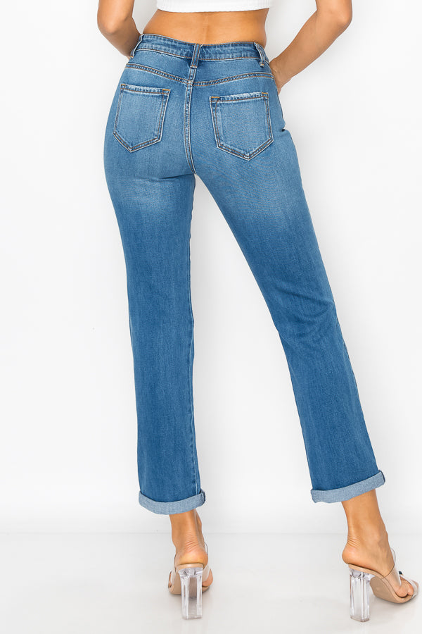 Cecilia - High Rise Destructed Rolled Cuff Straight Leg