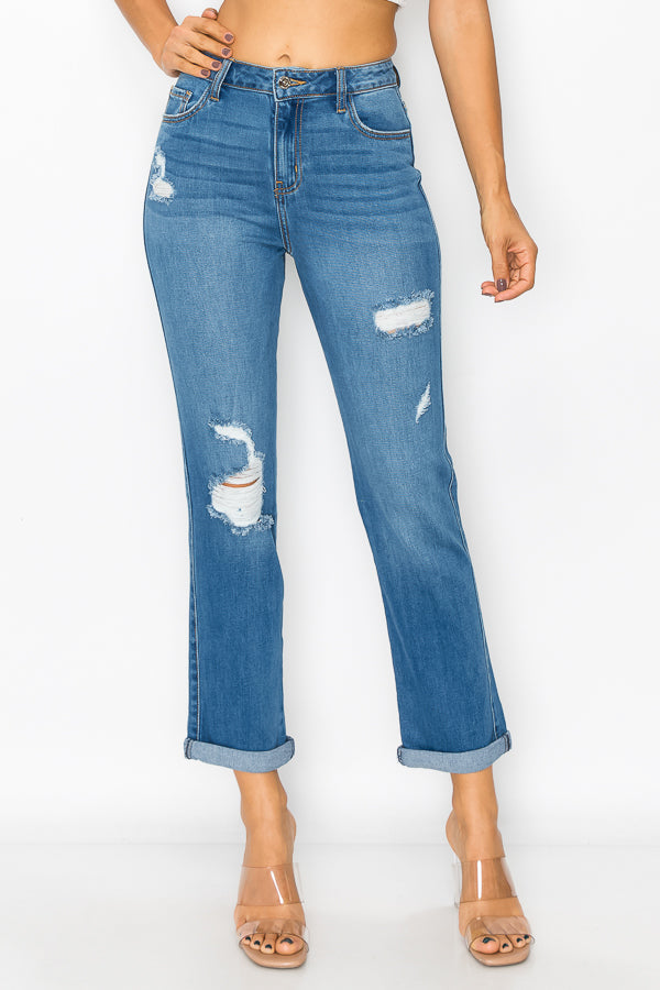 Cecilia - High Rise Destructed Rolled Cuff Straight Leg
