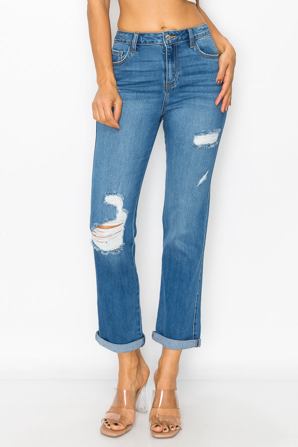 Cecilia - High Rise Destructed Rolled Cuff Straight Leg