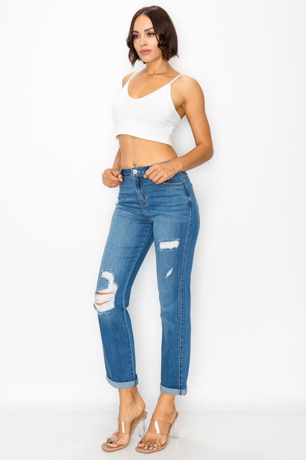Cecilia - High Rise Destructed Rolled Cuff Straight Leg