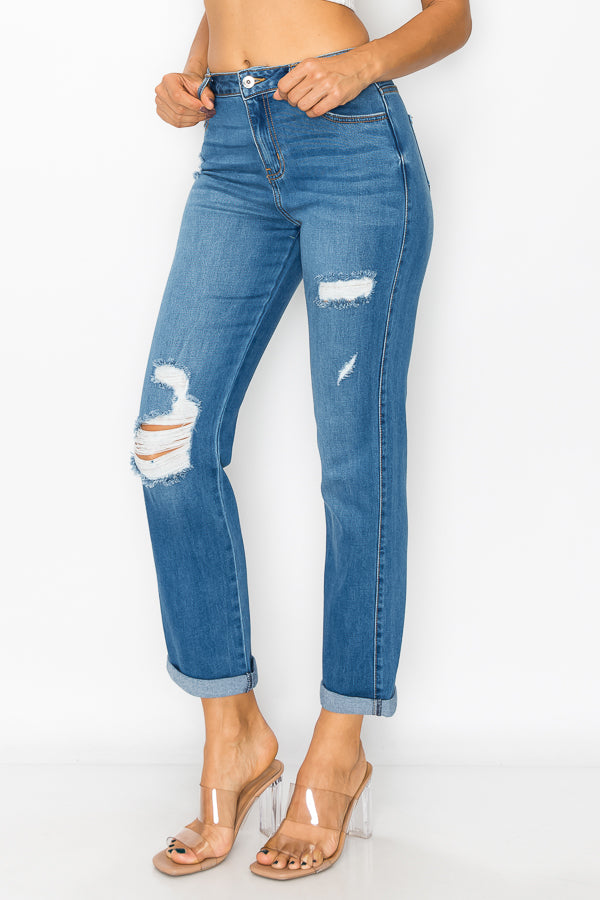 Cecilia - High Rise Destructed Rolled Cuff Straight Leg