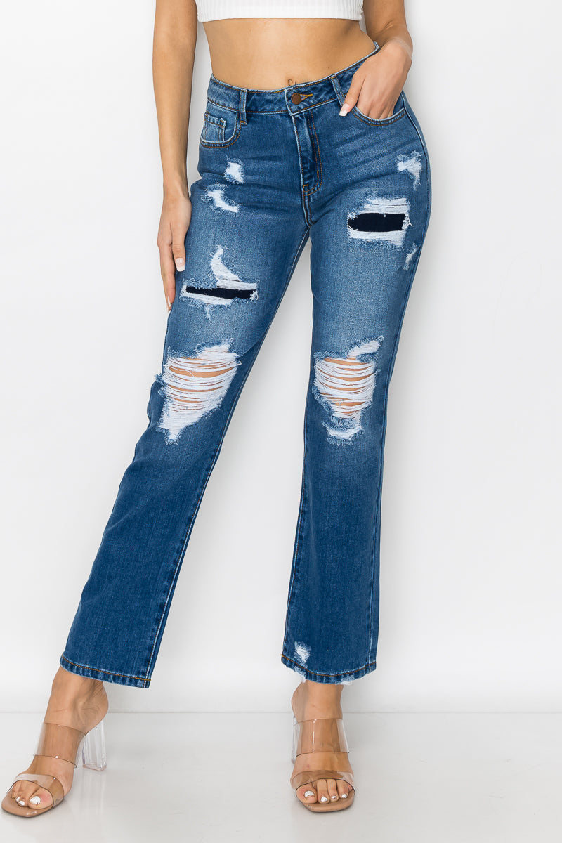 Kelsey - High Rise Patch Destroyed Straight Leg