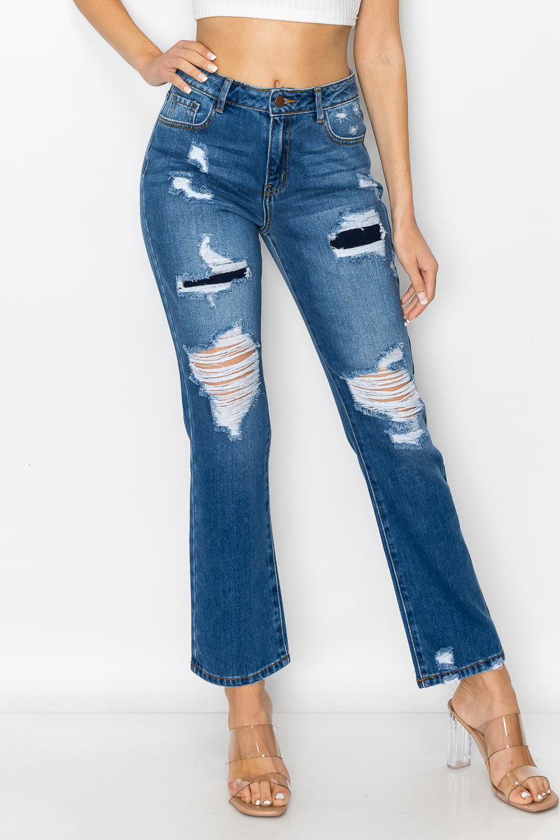 Kelsey - High Rise Patch Destroyed Straight Leg