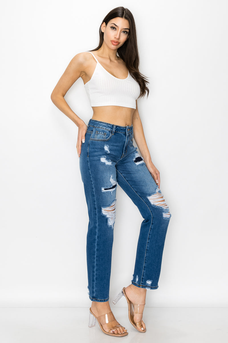 Kelsey - High Rise Patch Destroyed Straight Leg