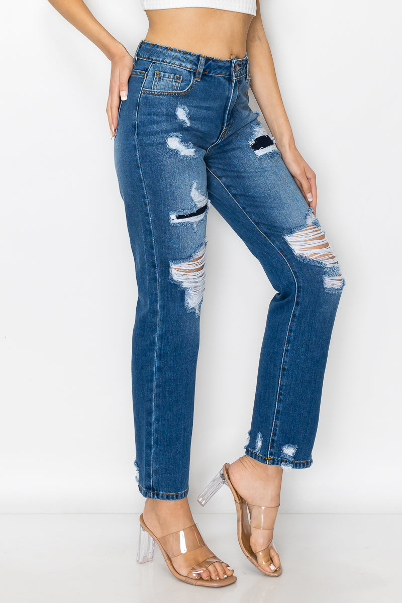 Kelsey - High Rise Patch Destroyed Straight Leg