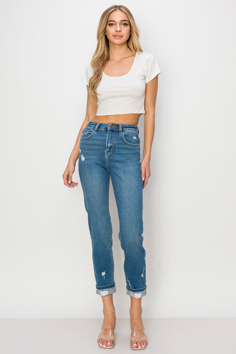 Quinn - High Rise Destructed Premium Mom Jeans