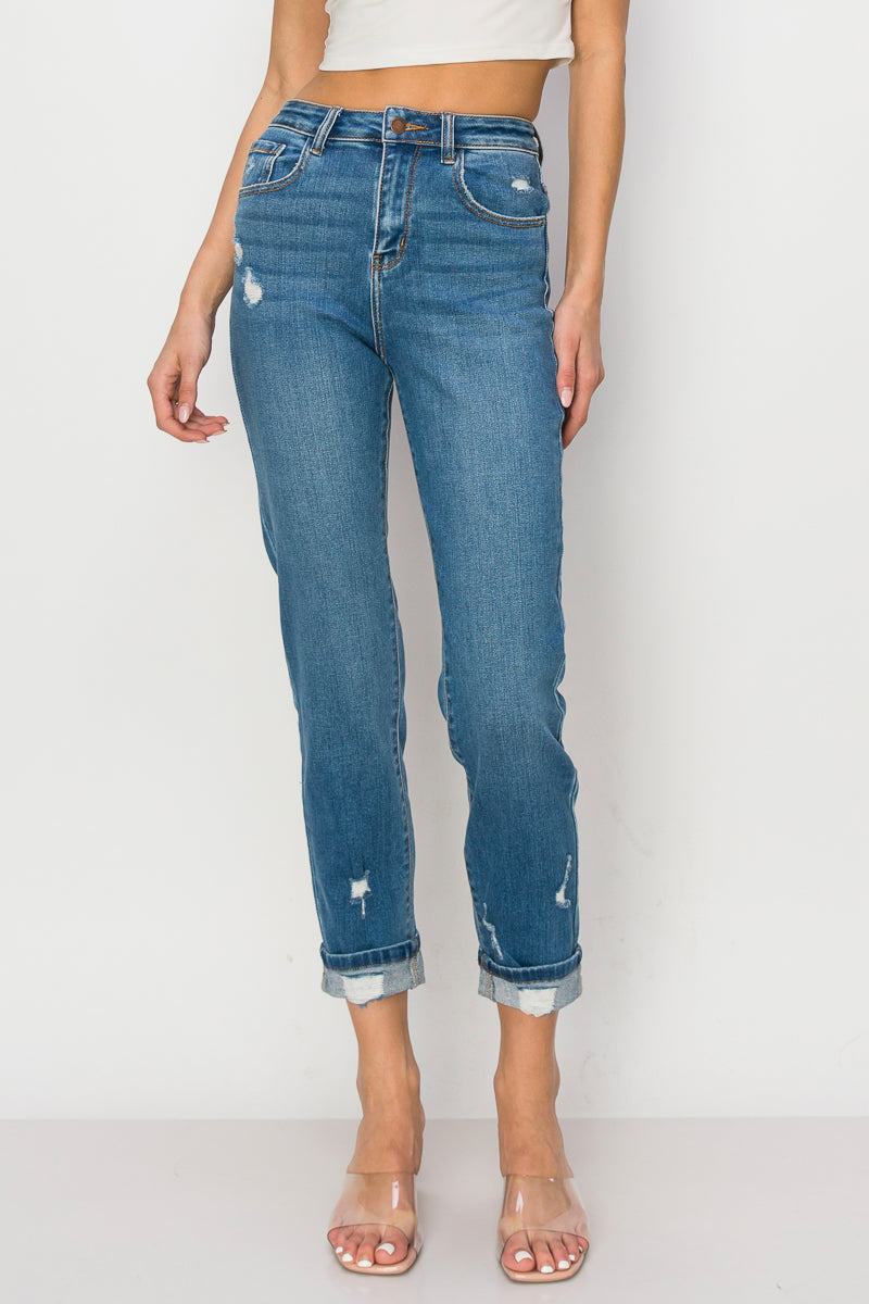 Quinn - High Rise Destructed Premium Mom Jeans