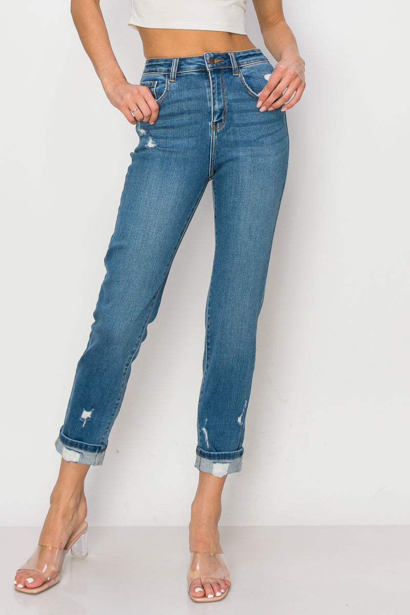 Quinn - High Rise Destructed Premium Mom Jeans