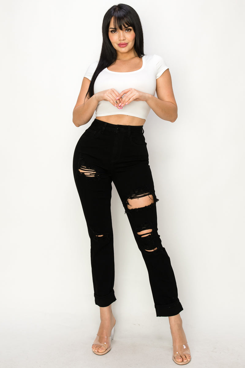 Anastasia - High Rise Destructed Black Relaxed Jeans