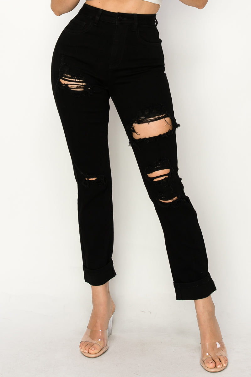 Anastasia - High Rise Destructed Black Relaxed Jeans