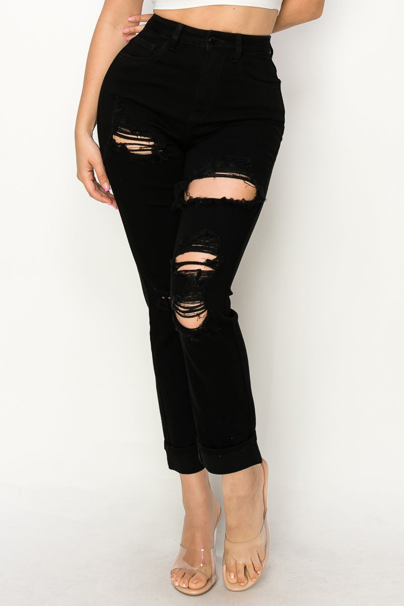Anastasia - High Rise Destructed Black Relaxed Jeans