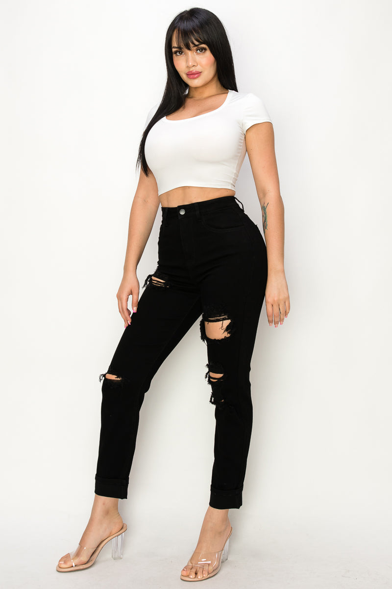 Anastasia - High Rise Destructed Black Relaxed Jeans