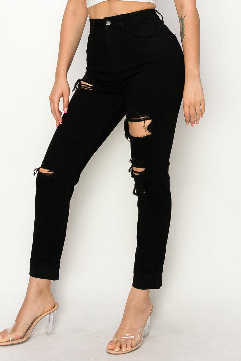 Anastasia - High Rise Destructed Black Relaxed Jeans