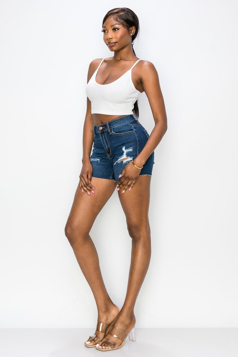 Ivy - High Rise Destructed Raw Cut Shorts
