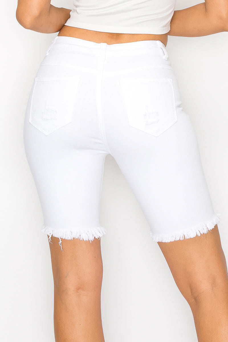 Layla - White High Rise Destructed Fray Bermuda