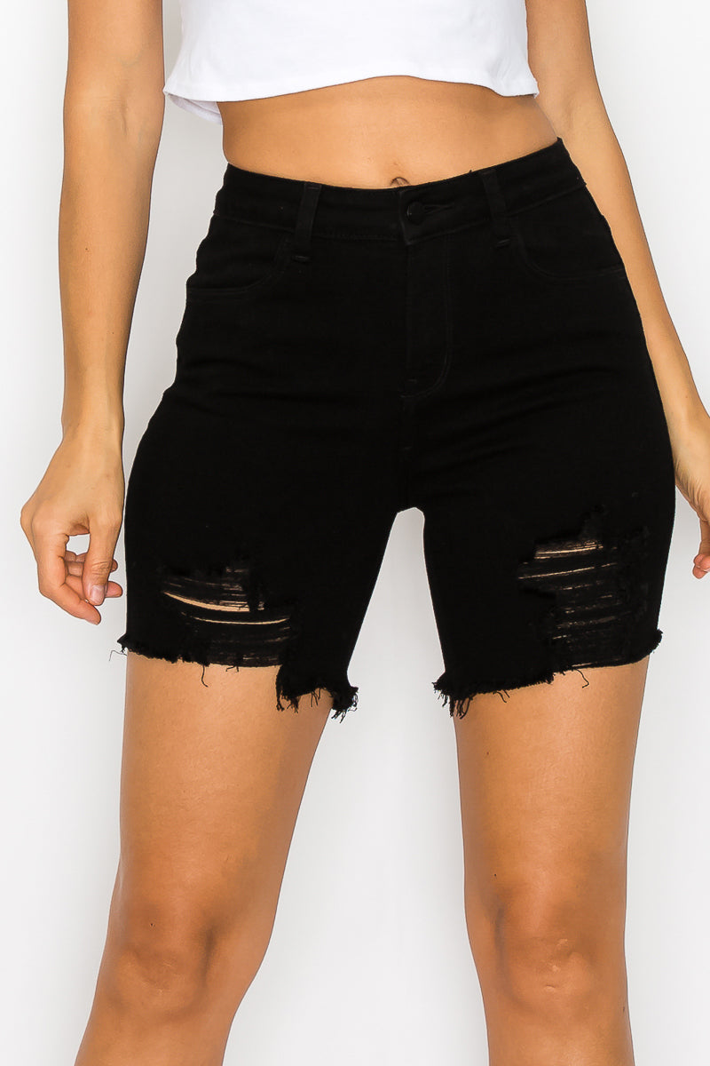 Melissa - Black High Rise Destructed Fray Midi Shorts