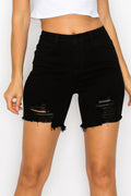 Melissa - Black High Rise Destructed Fray Midi Shorts