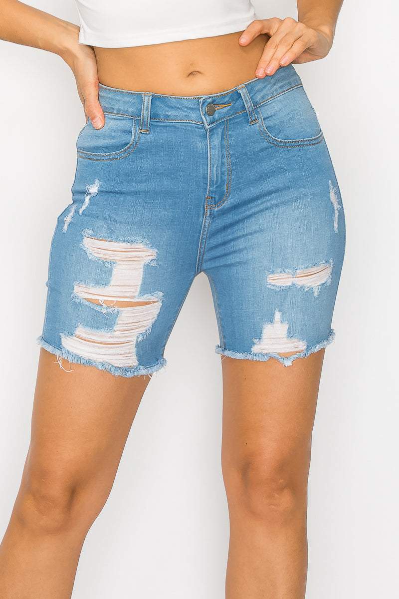 Eliana - Light High Rise Destructed Fray Midi Shorts