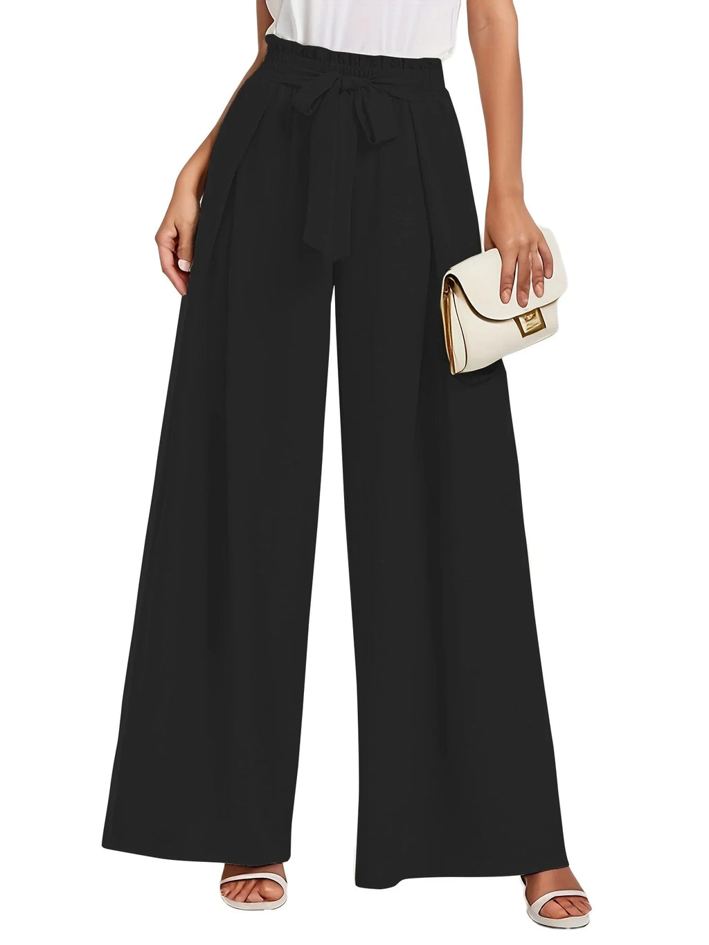 Pantalones De Descanso De Pierna Ancha Para Mujer Con Bolsillos, Cintura Alta, Lazo Ajustable, Sueltos, Casuales, Pantalones De Vestir Y Trabajo